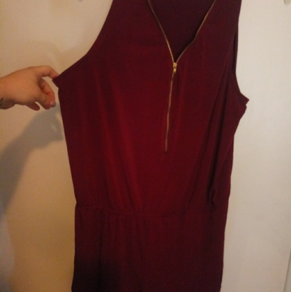 Red/burgundy plus size gold zipper romper